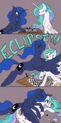 Size: 1500x3000 | Tagged: safe, artist:silfoe, derpibooru import, princess celestia, princess luna, alicorn, pony, royal sketchbook, alicorn eclipse, chess, comic, cute, cutie mark, duo, eclipse, eyes closed, food, four-limbed hug, game, glomp, horn, hug, hug from behind, laughing, missing accessory, pile, royal sisters, simple background, sisterly love, sisters, smiling, spread wings, surprise hug, tackle, tea, teacup, winghug, wings