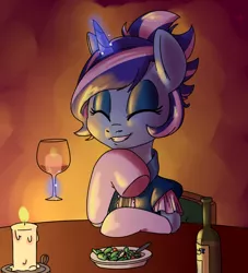 Size: 1000x1100 | Tagged: alternate hairstyle, artist:goat train, candle, clothes, date, derpibooru import, dinner, dress, eyes closed, food, magic, minuette, safe, salad, sitting, smiling, solo, wine bottle, wine glass