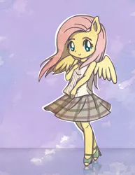 Size: 1280x1656 | Tagged: ambiguous facial structure, anthro, artist:flutterluv, clothes, cute, derpibooru import, fluttershy, happy, safe, shoes, skirt, solo