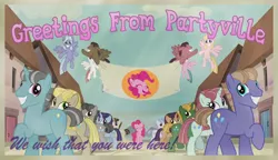 Size: 1324x765 | Tagged: derpibooru import, edit, equal town banner, equal town banner meme, exploitable meme, grin, meme, partyville, pinkie pie, postcard, safe, the cutie map