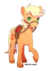 Size: 1148x1679 | Tagged: safe, artist:sion, derpibooru import, applejack (g1), earth pony, pony, bridle, cute, g1, hatless, jackabetes, livestock play, looking at you, missing accessory, raised hoof, realistic, saddle, simple background, solo, stirrups, tack, transparent background, unshorn fetlocks