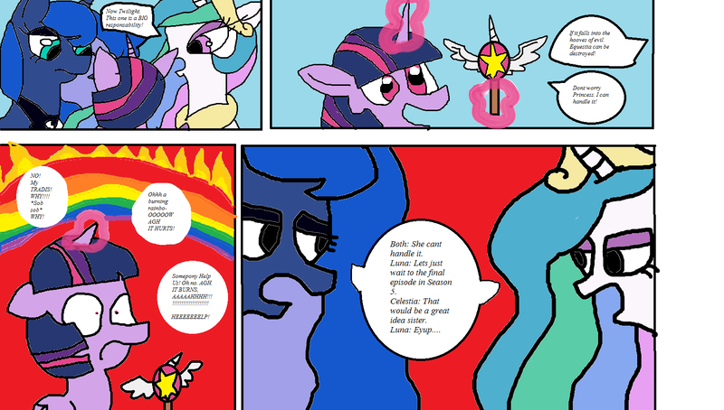 Size: 1594x904 | Tagged: safe, derpibooru import, princess celestia, princess luna, twilight sparkle, twilight sparkle (alicorn), alicorn, pony, burnning rainbow, comic, implied evil, parody, star vs the forces of evil