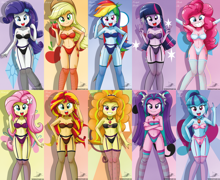 Size: 3225x2642 | Tagged: suggestive, alternate version, artist:the-butch-x, derpibooru import, adagio dazzle, applejack, aria blaze, fluttershy, pinkie pie, rainbow dash, rarity, sonata dusk, sunset shimmer, twilight sparkle, twilight sparkle (alicorn), equestria girls, rainbow rocks, adorabolical, adoragio, adorasexy, apple, ariabetes, armpits, backwards cutie mark, beautiful, beautiful x, belly button, black underwear, blue underwear, bra, breasts, cleavage, clothes, compilation, cute, cutie mark, cutie mark on equestria girl, dashabetes, diapinkes, eating, erect nipples, evening gloves, evil grin, female, females only, frilly underwear, garter belt, garters, gem, grin, hand on hip, heart, heart print underwear, high res, humane seven, humane six, jackabetes, lingerie, looking at you, mane six, nail polish, nipple outline, panties, peace sign, pigtails, pink underwear, ponytail, purple underwear, raribetes, raripanty, red underwear, see-through, sexy, shimmerbetes, shyabetes, siren gem, smiling, socks, sonatabetes, spiked headband, stockings, striped underwear, sunburst background, the dazzlings, thigh highs, twiabetes, twintails, underass, underwear, white underwear