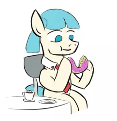 Size: 499x516 | Tagged: artist:jargon scott, chair, cocoa cantle, coco pommel, derpibooru import, donut, eating, rule 63, safe, sitting, solo, table