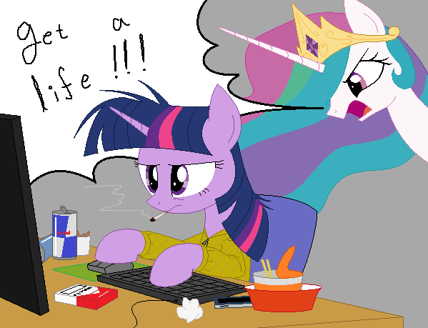 Size: 599x459 | Tagged: safe, artist:hyolark, derpibooru import, princess celestia, twilight sparkle, alicorn, pony, unicorn, ashtray, celestia is not amused, cigarette, clothes, computer, energy drink, marlboro, red bull, sitting, smoking, twilight is not amused, unamused