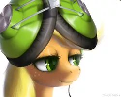 Size: 1600x1280 | Tagged: applejack, artist:swaetshrit, edit, hatless, headphones, missing accessory, portrait, safe, simple background, solo