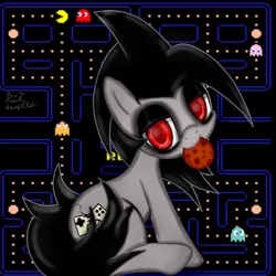 Size: 1024x1024 | Tagged: safe, artist:paulpeopless, derpibooru import, oc, oc:paulpeoples, unofficial characters only, pony, cookie, food, mouth hold, pac-man, red eyes, video game