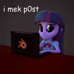 Size: 1440x1440 | Tagged: safe, artist:3d thread, artist:creatorofpony, derpibooru import, twilight sparkle, equestria girls, /mlp/, 3d, 3d model, blender, clothes, computer, derp, laptop computer, shirt, smiling, solo