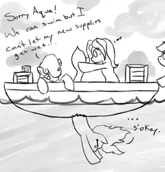 Size: 984x1023 | Tagged: artist:kudalyn, ask, boat, derpibooru import, hippocampus, merpony, monochrome, oc, oc:apple mallow, oc:aqua drop, oc:kudalyn, questionthekudas, safe, tumblr, unofficial characters only, upside down