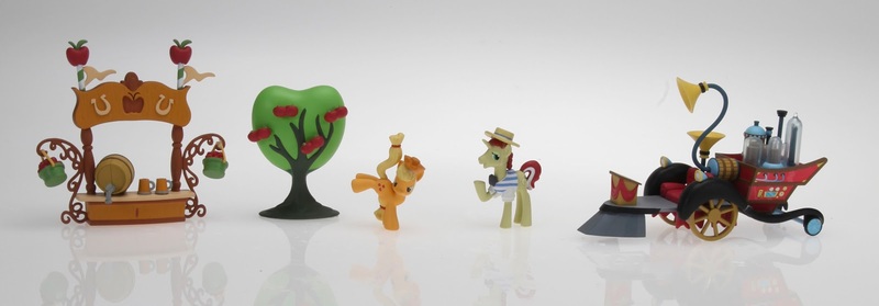 Size: 1600x557 | Tagged: safe, derpibooru import, official, applejack, flim, applebucking, apple tree, blind bag, cider stand, super speedy cider squeezy 6000, toy, tree