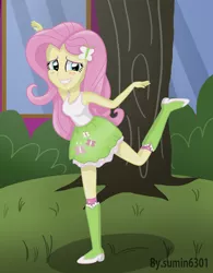 Size: 1944x2498 | Tagged: safe, artist:sumin6301, derpibooru import, fluttershy, equestria girls, blushing, boots, clothes, cute, female, high heel boots, pose, raised leg, shyabetes, skirt, solo, tanktop, tree