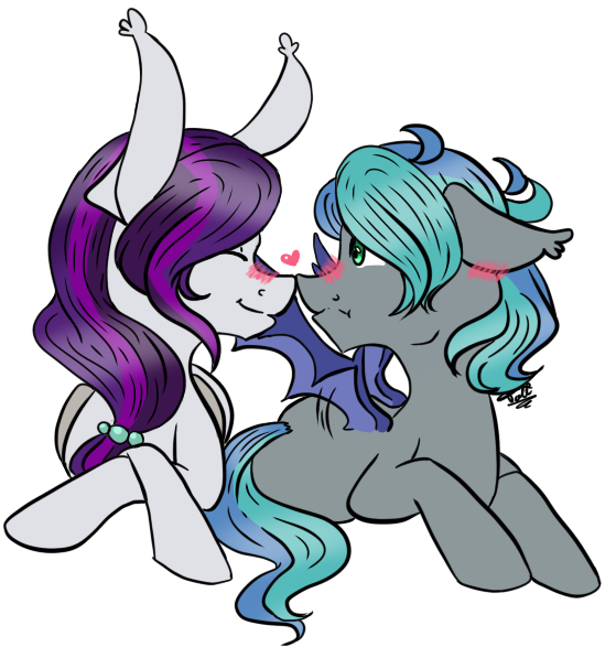 Size: 559x587 | Tagged: safe, artist:taligintou, derpibooru import, oc, oc:sweet hum, oc:swift edge, unofficial characters only, bat pony, pony, blushing, boop, couple, female, lying down, male, noseboop, simple background, straight, sweetedge, transparent background, wingboner