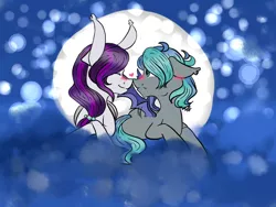 Size: 1024x768 | Tagged: safe, artist:taligintou, derpibooru import, oc, oc:sweet hum, oc:swift edge, unofficial characters only, bat pony, pony, blushing, boop, cloud, cloudy, couple, female, full moon, lying down, male, moon, night, noseboop, shipping, starry night, stars, straight, sweetedge, wingboner