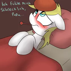 Size: 800x800 | Tagged: safe, artist:datte-before-dawn, derpibooru import, oc, oc:aryanne, unofficial characters only, bed, female, filly, german, ice pack, sick, solo, thermometer