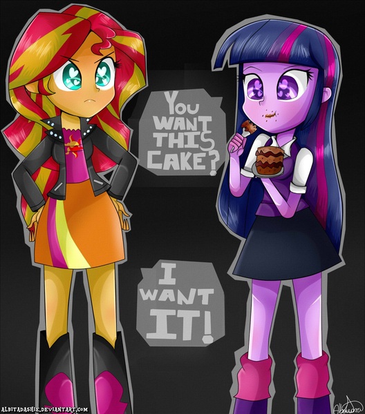 Size: 1283x1457 | Tagged: safe, artist:vixelzf, derpibooru import, sunset shimmer, twilight sparkle, twilight sparkle (alicorn), equestria girls, alternate costumes, cake, do you want this cake, harry partridge, heart eyes, wingding eyes