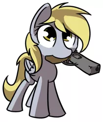 Size: 1281x1524 | Tagged: safe, artist:neuro, derpibooru import, derpy hooves, pegasus, pony, female, folded wings, gun, image, looking up, mare, mouth hold, png, redraw, revolver, simple background, solo, standing, this will end in tears, white background, wings