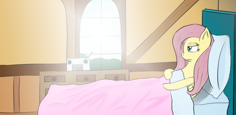 Size: 5000x2438 | Tagged: safe, artist:rainb0wdashie, derpibooru import, fluttershy, ask lonershy, bed, morning ponies, solo, waking up