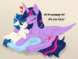 Size: 900x681 | Tagged: safe, artist:castaspellliana, derpibooru import, twilight sparkle, twilight sparkle (alicorn), oc, oc:orion spark, alicorn, pony, cleaning, female, heart, licking, mama twilight, mare, mother and son, offspring, parent:flash sentry, parent:twilight sparkle, parents:flashlight, tongue bath