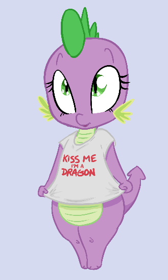 Size: 329x546 | Tagged: safe, artist:shoutingisfun, derpibooru import, spike, dragon, barb, barbabetes, bottomless, bronybait, clothes, cute, female, looking up, rule 63, rule63betes, shirt, smiling, solo, spikabetes