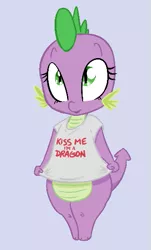 Size: 329x546 | Tagged: safe, artist:shoutingisfun, derpibooru import, spike, dragon, barb, barbabetes, bottomless, bronybait, clothes, cute, female, looking up, rule 63, rule63betes, shirt, smiling, solo, spikabetes