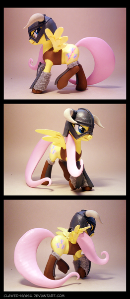 Size: 1700x3900 | Tagged: 3d print, armor, artist:clawed-nyasu, derpibooru import, dovahshy, fluttershy, helmet, looking back, photo, raised hoof, safe, scar, skyrim, solo, spread wings, the elder scrolls