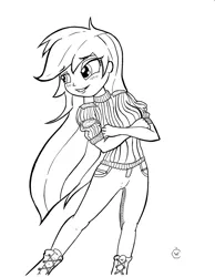 Size: 931x1200 | Tagged: safe, artist:woodcase, derpibooru import, rainbow dash, equestria girls, clothes, monochrome, solo, sweater