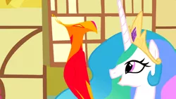 Size: 1366x768 | Tagged: safe, derpibooru import, screencap, philomena, princess celestia, bird, phoenix, pony, a bird in the hoof, duo, ethereal mane, female, mare