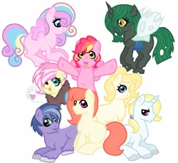 Size: 875x800 | Tagged: safe, artist:unoriginai, derpibooru import, princess skyla, changeling queen oc, oc, oc:ambrosia, oc:ares, oc:magic act, oc:prince dawn, oc:princess larva, oc:sugar crash, oc:unnatural, unofficial characters only, changeling, changeling queen, draconequus, earth pony, hybrid, pegasus, pony, unicorn, fanfic, bedroom eyes, changeling oc, cute, fanfic art, fanfic cover, female, flying, group, interspecies offspring, looking at you, magical lesbian spawn, next generation, offspring, open mouth, parent:applejack, parent:big macintosh, parent:discord, parent:fluttershy, parent:pinkie pie, parent:prince blueblood, parent:princess cadance, parent:princess celestia, parent:princess luna, parent:queen chrysalis, parent:rainbow dash, parent:rarity, parent:shining armor, parent:trixie, parent:twilight sparkle, parents:bluetrix, parents:canon x oc, parents:discoshy, parents:lunamac, parents:pinkiedash, parents:rarijack, parents:shiningcadance, parents:twilestia, prone, simple background, sitting, smiling, spread wings, white background