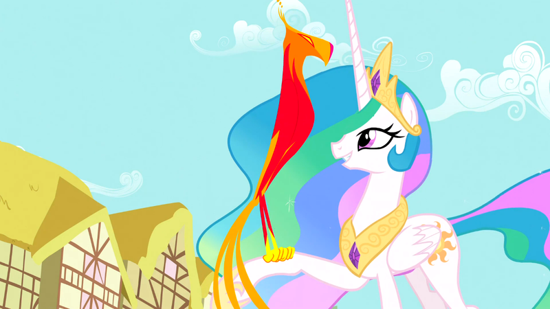 Size: 1366x768 | Tagged: safe, derpibooru import, screencap, philomena, princess celestia, alicorn, bird, phoenix, pony, a bird in the hoof, duo, ethereal mane, female, mare