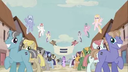 Size: 1366x768 | Tagged: safe, deleted from derpibooru, derpibooru import, screencap, starlight glimmer, earth pony, pegasus, pony, unicorn, the cutie map, creepy, creepy smile, cult, cute, cutie mark, equal cutie mark, equal town banner, equalized, equalized mane, fake smile, female, flying, in our town, male, mare, needs more jpeg, raised hoof, s5 starlight, smiling, smug, smuglight glimmer, spread wings, stalin glimmer, stallion, wings