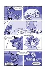 Size: 774x1196 | Tagged: suggestive, artist:lumineko, derpibooru import, princess luna, rainbow dash, scootaloo, oc, oc:neko heart, :o, bed, bedroom eyes, bow, camping, cheering, comic, dreamluna, eyes closed, female, lesbian, monochrome, open mouth, pomf, popsicle, scootadash, shipping, smiling, tent, voyeurism