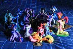 Size: 1280x853 | Tagged: safe, artist:dustysculptures, derpibooru import, applejack, fluttershy, nightmare rarity, octavia melody, pinkie pie, princess luna, queen chrysalis, rainbow dash, rarity, scootaloo, twilight sparkle, twilight sparkle (alicorn), vinyl scratch, alicorn, pony, clothes, female, headphones, hoodie, mane six, mare, sculpture, stalkerloo