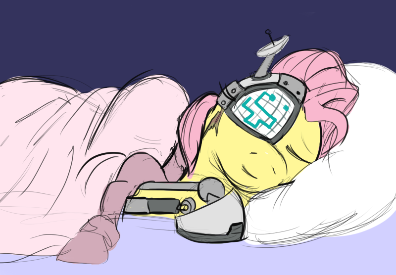 Size: 800x556 | Tagged: artist:jargon scott, bed, cyborg, derpibooru import, fluttershy, pillow, safe, simple background, sleeping