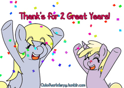 Size: 1000x714 | Tagged: safe, artist:outofworkderpy, derpibooru import, derpy hooves, dinky hooves, pegasus, pony, unicorn, animated, anniversary, celebration, cute, derpabetes, eyes closed, female, filly, happy, mare, out of work derpy, yay