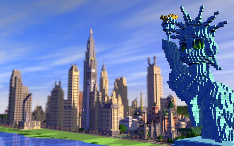 Size: 2560x1600 | Tagged: brohoof.com, city, derpibooru import, game screencap, manehattan, minecraft, render, safe, skyscraper, statue, statue of friendship