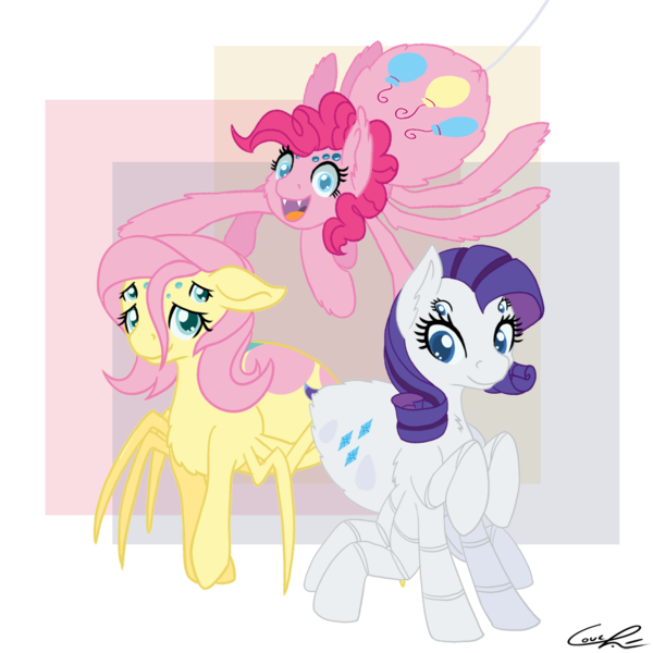 Size: 1000x1000 | Tagged: adoracreepy, artist:couchcrusader, creepy, cute, derpibooru import, drider, fluttershy, monster pony, original species, pinkie pie, rarirachnid, rarity, safe, species swap, spider pie, spiderpony, spiderponyrarity, spidershy