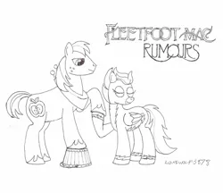 Size: 1512x1306 | Tagged: safe, artist:lonewolf3878, derpibooru import, big macintosh, fleetfoot, ponified, earth pony, pegasus, pony, album cover, classic rock ponies, eyes closed, female, fleetmac, fleetwood mac, holding hooves, male, mare, monochrome, parody, ponified album cover, rumours, shipping, stallion, straight