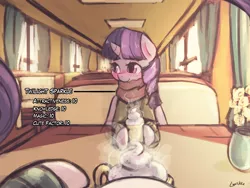 Size: 1920x1440 | Tagged: safe, artist:lumineko, derpibooru import, rarity, twilight sparkle, twilight sparkle (alicorn), alicorn, pony, blushing, cafe, clothes, cute, dating sim, female, hot chocolate, lesbian, looking away, mare, offscreen character, pov, rarilight, scarf, shipping, shy, smiling, steam, sweater, whipped cream