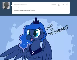 Size: 718x555 | Tagged: artist:lulubell, ask, askprincessluna, derpibooru import, duck, frown, open mouth, princess luna, safe, solo, species swap, spread wings, surprised, tumblr