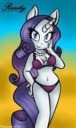 Size: 1024x1721 | Tagged: anthro, artist:queentigrel, belly button, bikini, breasts, cleavage, clothes, derpibooru import, female, looking at you, rarity, solo, suggestive, swimsuit