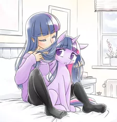 Size: 1104x1152 | Tagged: safe, artist:reavz, derpibooru import, twilight sparkle, human, pony, unicorn, bed, clothes, colored pupils, cute, eyes closed, feet, female, human ponidox, humanized, light skin, looking back, mare, pantyhose, self ponidox, sitting, sniffing, socks, stockings, sweater, thigh highs, unicorn twilight