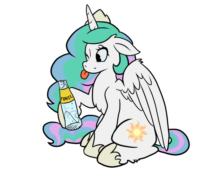 Size: 3780x3150 | Tagged: safe, artist:missblue, derpibooru import, princess celestia, pony, :p, cute, female, fluffy, mare, simple background, solo, tongue out, tonic, tonic water, transparent background