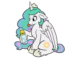 Size: 3780x3150 | Tagged: safe, artist:missblue, derpibooru import, princess celestia, pony, :p, cute, female, fluffy, mare, simple background, solo, tongue out, tonic, tonic water, transparent background