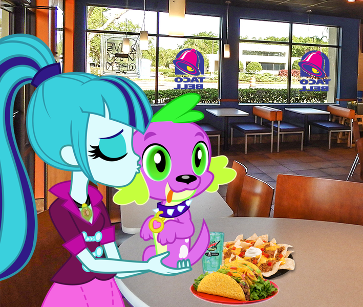 Size: 886x750 | Tagged: safe, artist:xebck, derpibooru import, vector edit, sonata dusk, spike, dog, equestria girls, :3, :p, building, chair, drink, eyes closed, female, irl, kissing, male, mountain dew, photo, ponies in real life, restaurant, shipping, sign, smiling, smooch, spike the dog, spikelove, spinata, straight, street, tables, taco, taco bell, tongue out
