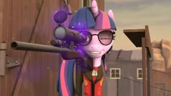 Size: 1280x720 | Tagged: safe, artist:fd-daylight, derpibooru import, twilight sparkle, pony, unicorn, 3d, building, crossover, dog tags, female, glasses, glowing horn, gun, hooves, horn, levitation, magic, mare, one eye closed, optical sight, rifle, smiling, sniper, sniper rifle, solo, source filmmaker, sunglasses, team fortress 2, teeth, telekinesis, twilight sniper, weapon, window
