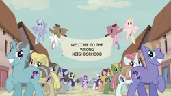 Size: 1280x720 | Tagged: derpibooru import, equal town banner, equal town banner meme, exploitable meme, faic, meme, safe, starlight glimmer, the cutie map, twiface, wrong neighborhood