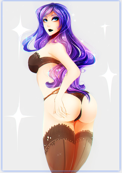 Size: 1836x2604 | Tagged: artist:koveliana, ass, bra, breasts, busty rarity, cameltoe, chromatic aberration, clothes, derpibooru import, female, human, humanized, light skin, nudity, panties, questionable, rarity, rearity, shiny ponygirls, solo, solo female, stockings, thong, underwear, wedgie