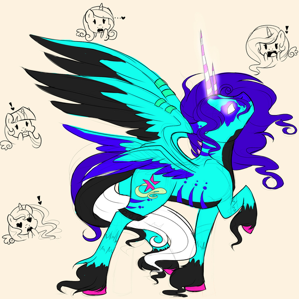 Size: 2000x2000 | Tagged: safe, artist:evehly, derpibooru import, princess cadance, princess celestia, princess luna, twilight sparkle, twilight sparkle (alicorn), oc, alicorn, bicorn, pony, alicorn oc, alicorn tetrarchy, donut steel, gary stu, heart eyes, joke, joke oc, mary sue, multiple wings, open mouth, raised hoof, unshorn fetlocks, wingding eyes