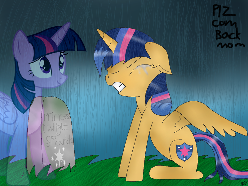 Size: 1024x768 | Tagged: safe, artist:rainbowdash666666666, derpibooru import, twilight sparkle, twilight sparkle (alicorn), oc, oc:twilleys sparkle, alicorn, ghost, pony, crying, dead, female, grave, mare, mortal twilight, mortality blues, offspring, parent:flash sentry, parent:twilight sparkle, parents:flashlight, spirit