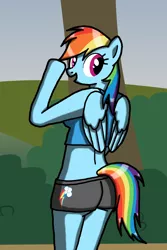 Size: 1000x1500 | Tagged: anthro, arm hooves, artist:flyingbrickanimation, ass, clothes, derpibooru import, pegasus, rainbow dash, safe, shorts, solo, tanktop, wings